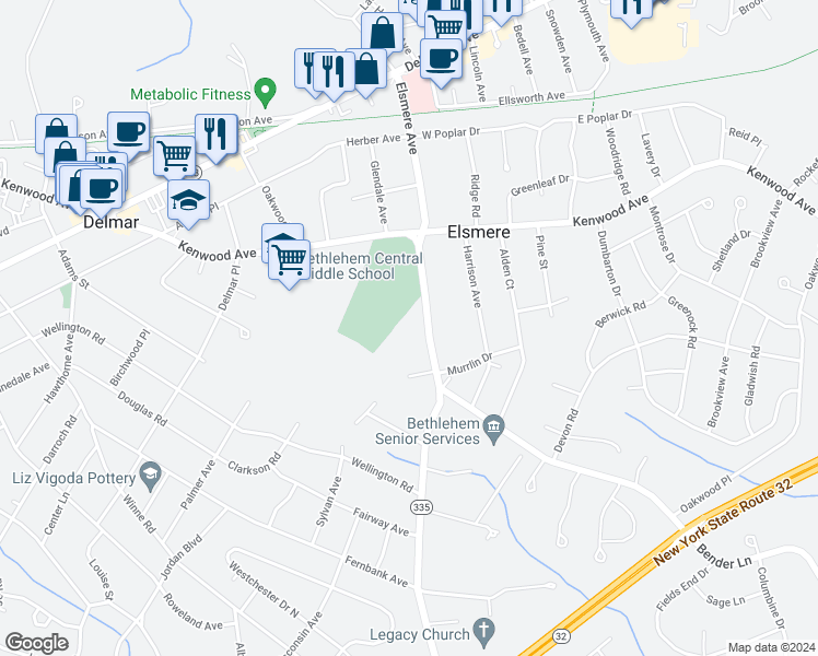 map of restaurants, bars, coffee shops, grocery stores, and more near 75 Elsmere Avenue in Delmar