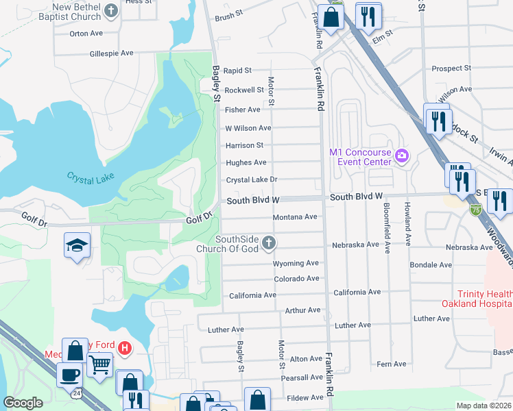 map of restaurants, bars, coffee shops, grocery stores, and more near 348 South Boulevard West in Pontiac