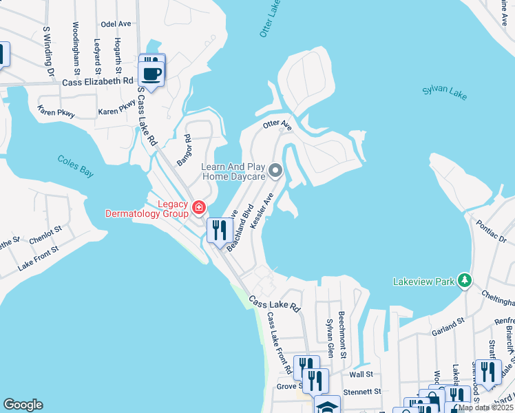 map of restaurants, bars, coffee shops, grocery stores, and more near 1351 Beachland Boulevard in Waterford Township