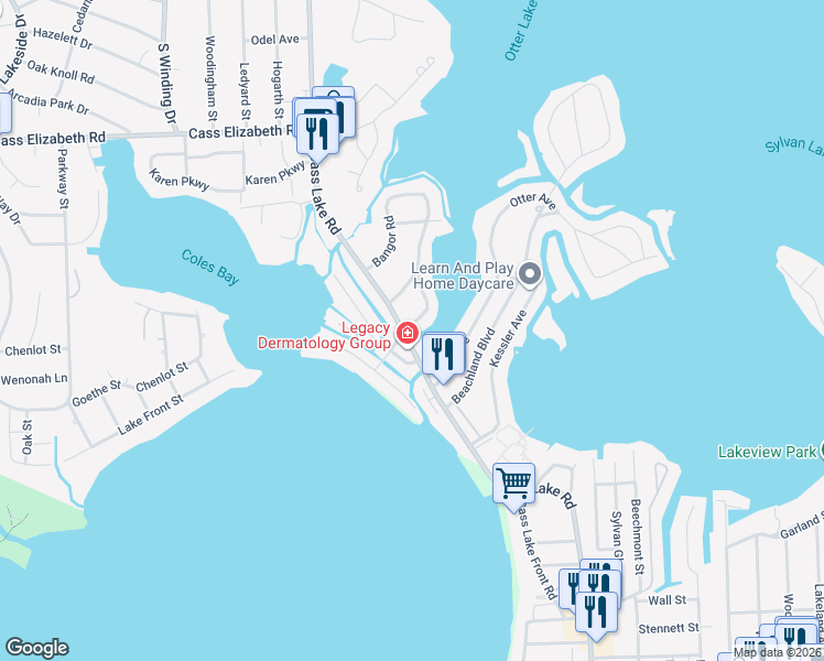 map of restaurants, bars, coffee shops, grocery stores, and more near 1330 Bamford Street in Waterford Township