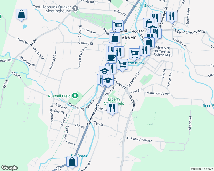 map of restaurants, bars, coffee shops, grocery stores, and more near 14 Commercial Street in Adams