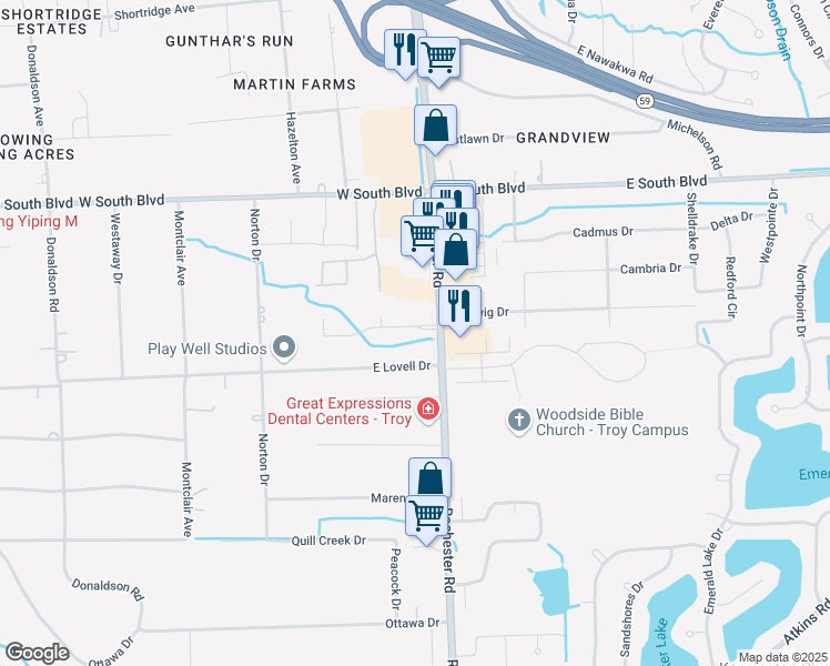 map of restaurants, bars, coffee shops, grocery stores, and more near 954 Sandalwood Drive in Troy