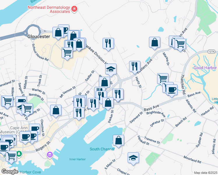 map of restaurants, bars, coffee shops, grocery stores, and more near 8 Webster Street in Gloucester
