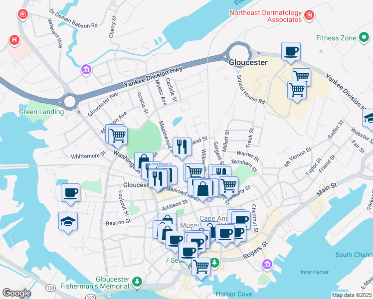 map of restaurants, bars, coffee shops, grocery stores, and more near 3 Sylvan Street in Gloucester
