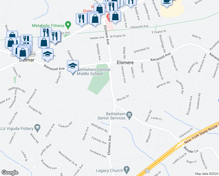 map of restaurants, bars, coffee shops, grocery stores, and more near 71 Elsmere Avenue in Delmar