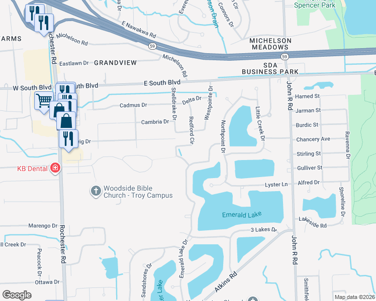 map of restaurants, bars, coffee shops, grocery stores, and more near 6707 Redford Circle in Troy