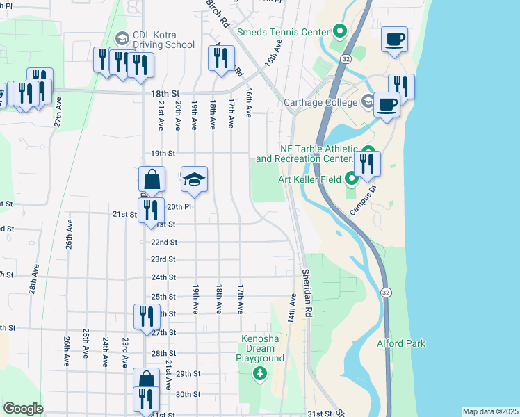 map of restaurants, bars, coffee shops, grocery stores, and more near 2015 16th Avenue in Kenosha
