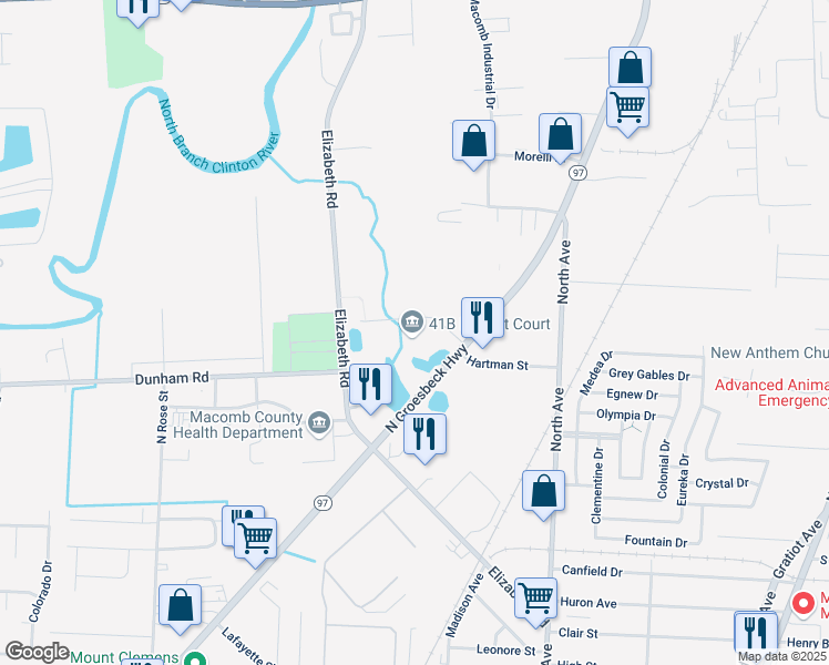 map of restaurants, bars, coffee shops, grocery stores, and more near 22380 Starks Drive in Charter Township of Clinton