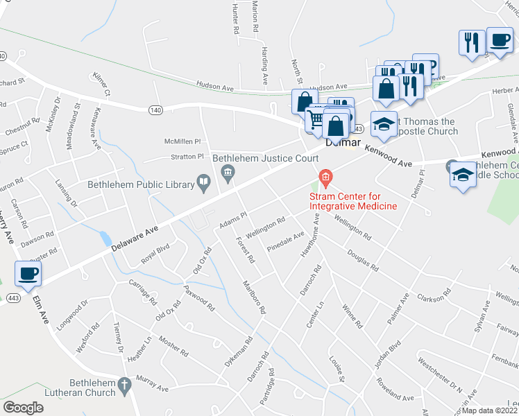 map of restaurants, bars, coffee shops, grocery stores, and more near 134 Adams Place in Delmar