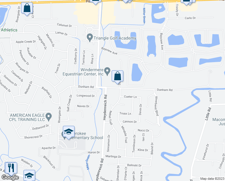 map of restaurants, bars, coffee shops, grocery stores, and more near 20608 Dunham Road in Charter Township of Clinton