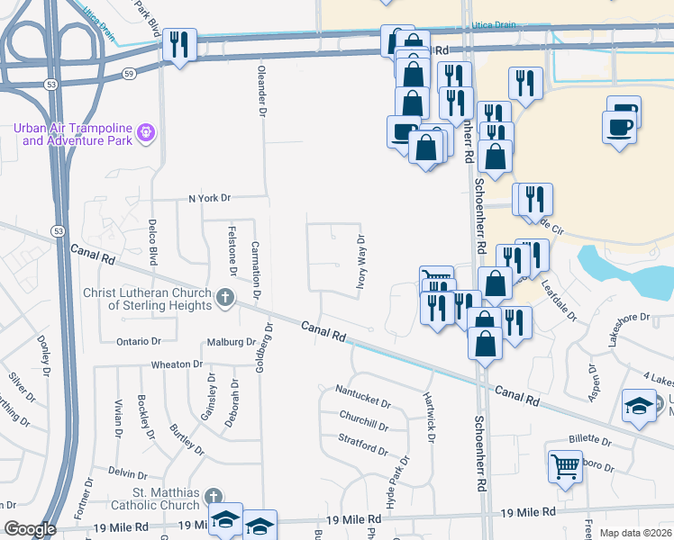 map of restaurants, bars, coffee shops, grocery stores, and more near 12871 Jasmine Court in Sterling Heights