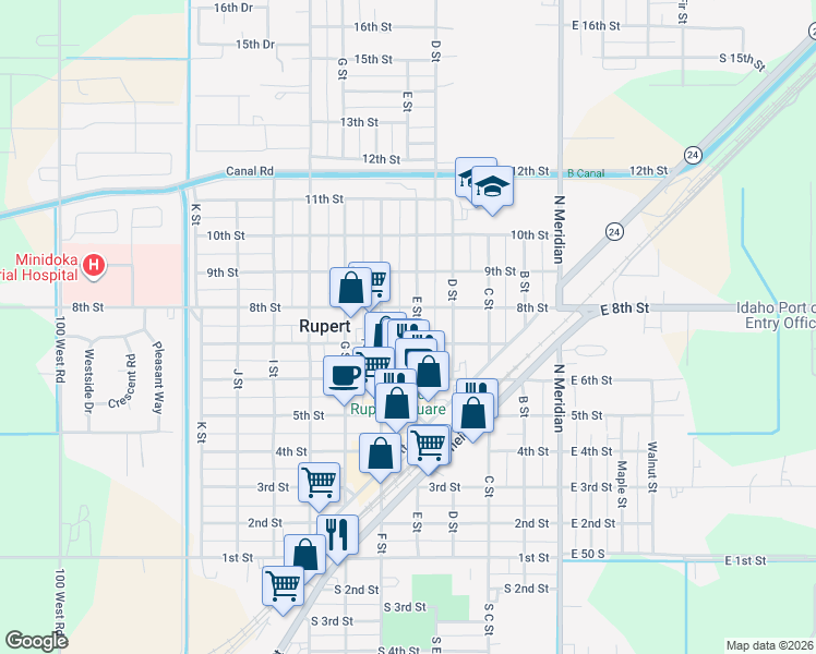 map of restaurants, bars, coffee shops, grocery stores, and more near 724 F Street in Rupert