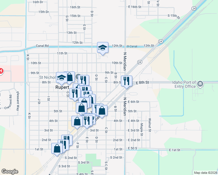 map of restaurants, bars, coffee shops, grocery stores, and more near 223 8th Street in Rupert