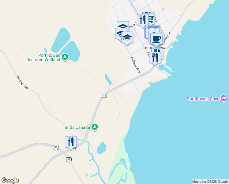 map of restaurants, bars, coffee shops, grocery stores, and more near 67 Front Road in Port Rowan
