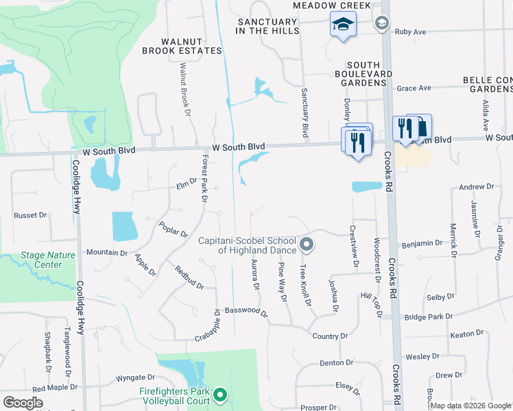map of restaurants, bars, coffee shops, grocery stores, and more near 6946 Aurora Drive in Troy
