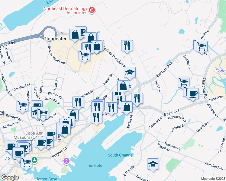 map of restaurants, bars, coffee shops, grocery stores, and more near 86 Friend Street in Gloucester