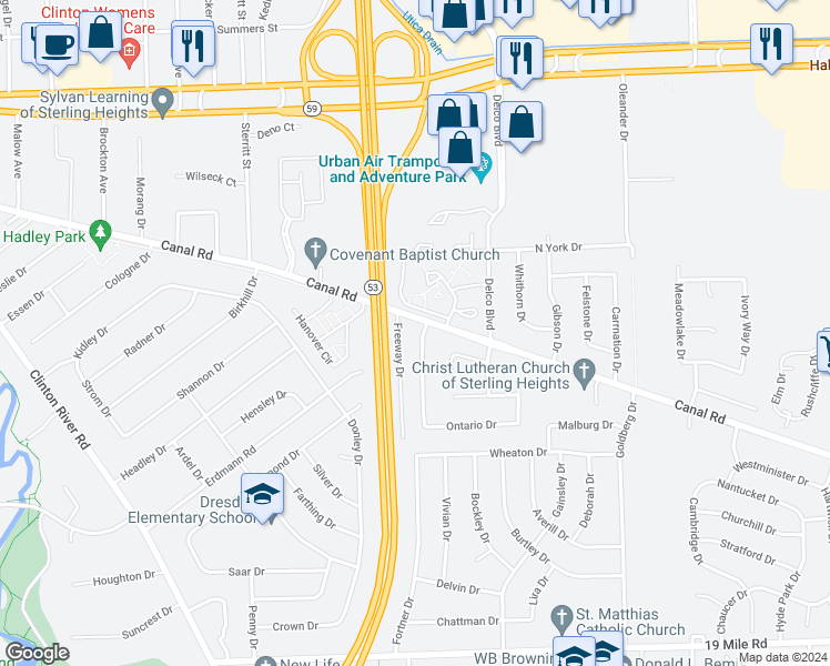 map of restaurants, bars, coffee shops, grocery stores, and more near 43980 Leonardo Drive in Sterling Heights
