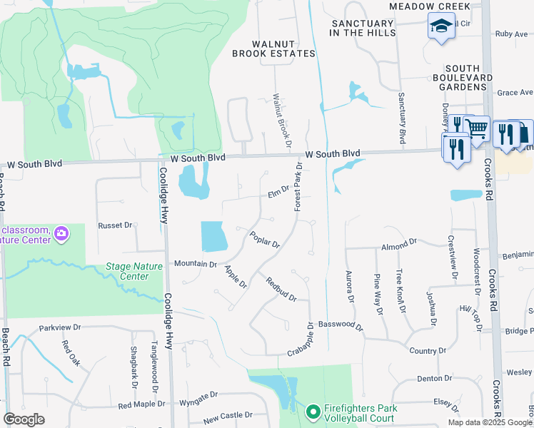 map of restaurants, bars, coffee shops, grocery stores, and more near 6831 Mountain Drive in Troy