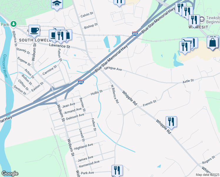 map of restaurants, bars, coffee shops, grocery stores, and more near 112 Hollis Street in Lowell
