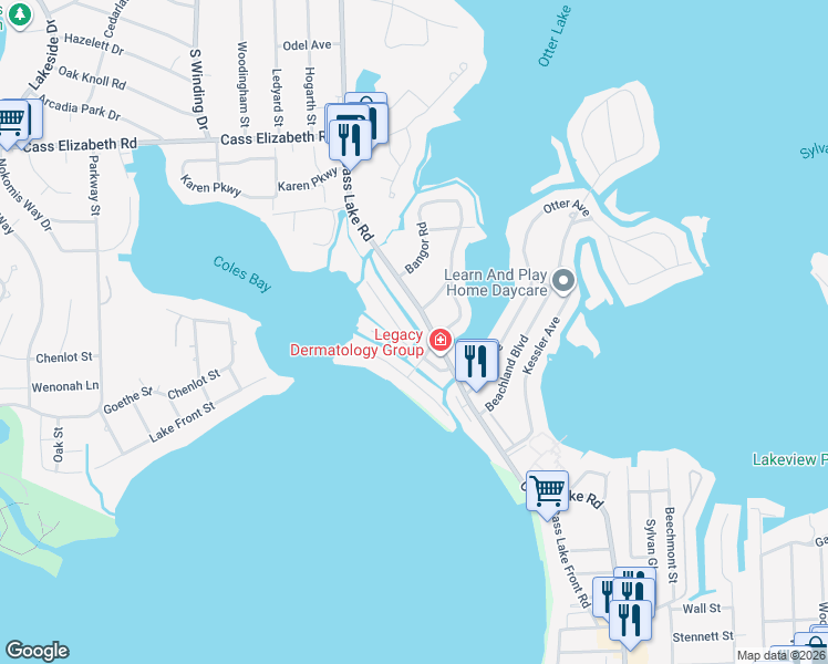 map of restaurants, bars, coffee shops, grocery stores, and more near 1310 Cass Lake Road in Waterford Township