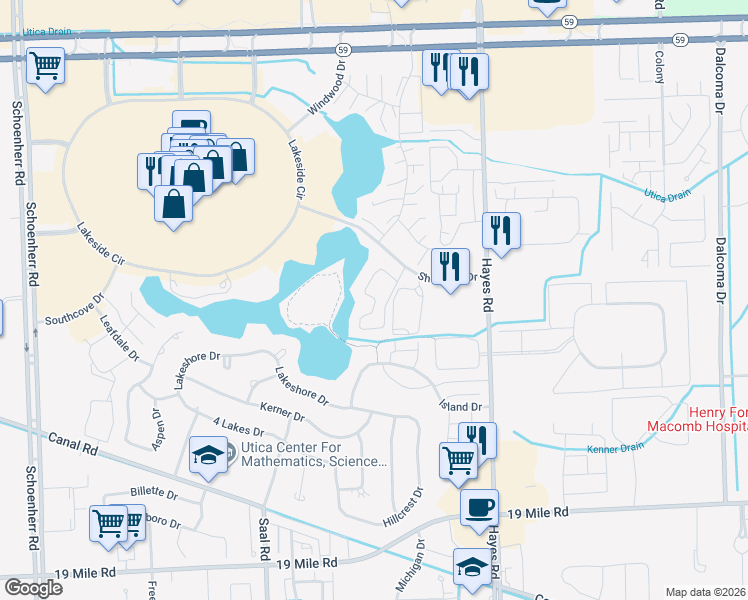 map of restaurants, bars, coffee shops, grocery stores, and more near 43893 Stoney Lane in Sterling Heights