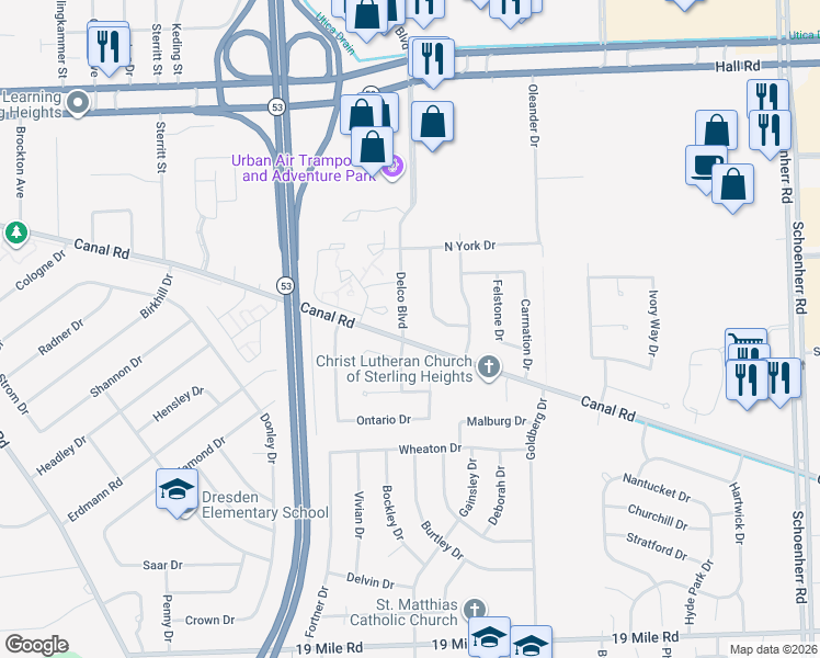 map of restaurants, bars, coffee shops, grocery stores, and more near 11926 Daisy Court in Sterling Heights