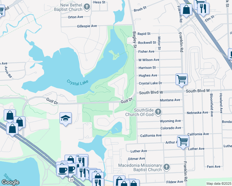 map of restaurants, bars, coffee shops, grocery stores, and more near 237 Oak Ridge Drive in Pontiac