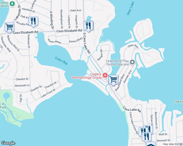 map of restaurants, bars, coffee shops, grocery stores, and more near 1397 Rossdale Drive in Waterford Township