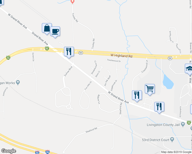 map of restaurants, bars, coffee shops, grocery stores, and more near 1360 Shire Court in Howell