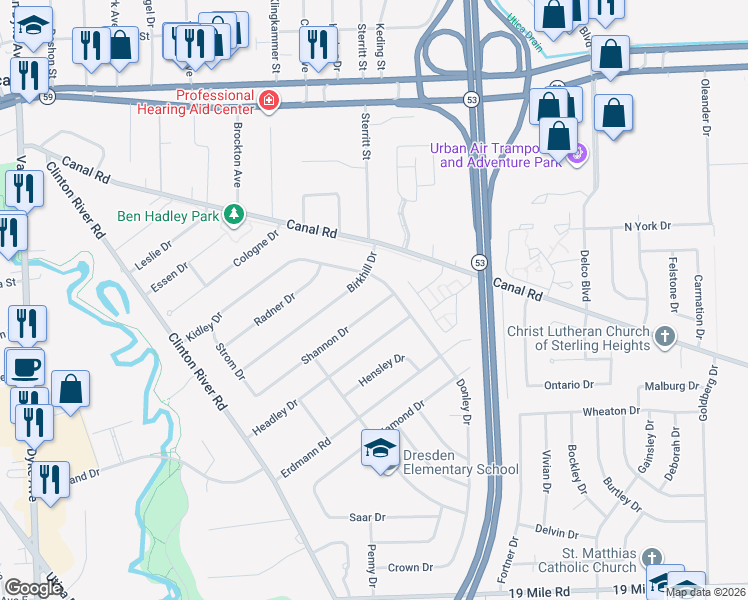 map of restaurants, bars, coffee shops, grocery stores, and more near 9076 Birkhill Drive in Sterling Heights
