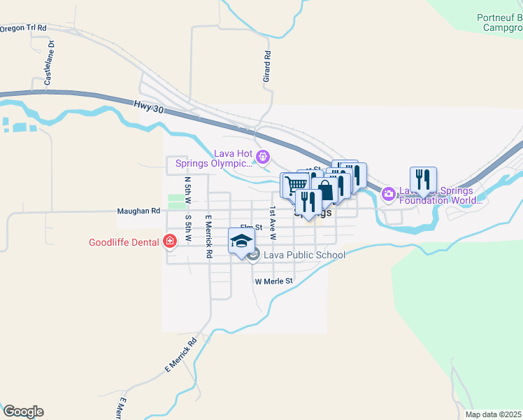 map of restaurants, bars, coffee shops, grocery stores, and more near 155 Main Street in Lava Hot Springs