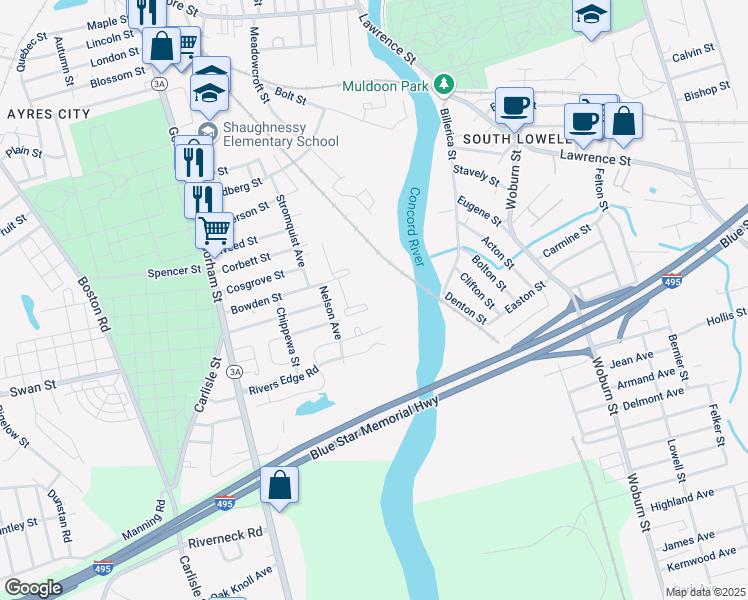 map of restaurants, bars, coffee shops, grocery stores, and more near 138 Bowden Street in Lowell