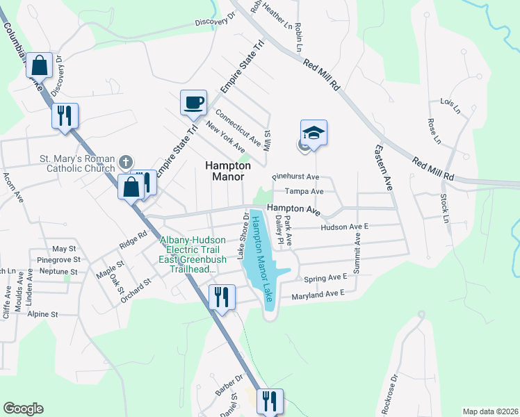 map of restaurants, bars, coffee shops, grocery stores, and more near 200 Lake Shore Drive in Rensselaer