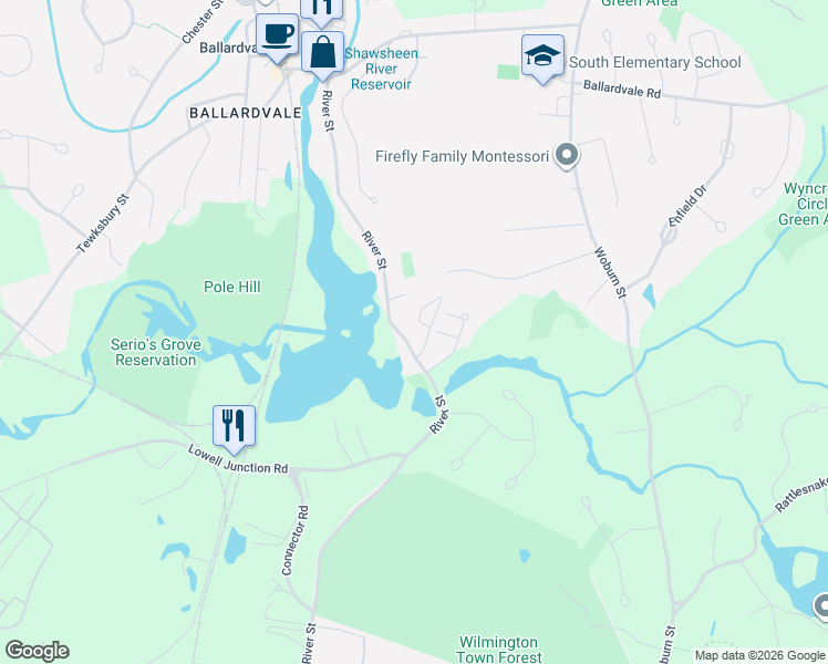 map of restaurants, bars, coffee shops, grocery stores, and more near 70 River Street in Andover