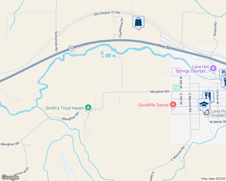 map of restaurants, bars, coffee shops, grocery stores, and more near 9884 East Maughan Road in Lava Hot Springs