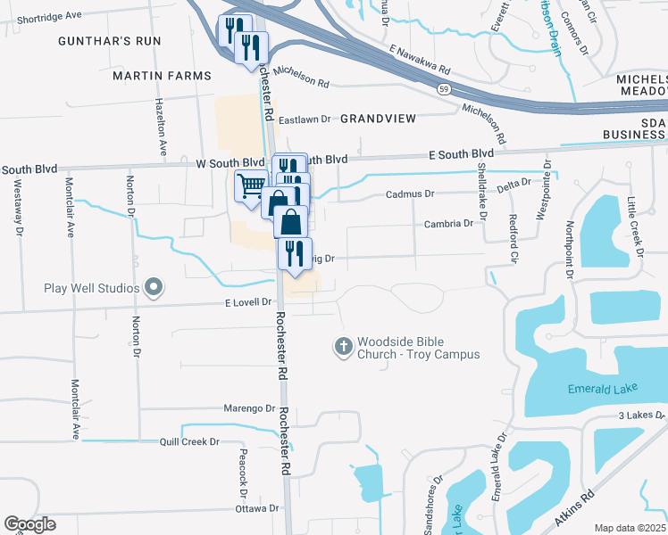 map of restaurants, bars, coffee shops, grocery stores, and more near 1080 Hartwig Drive in Troy