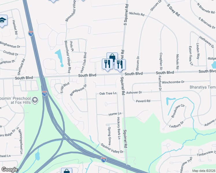 map of restaurants, bars, coffee shops, grocery stores, and more near 3200 South Boulevard in Bloomfield Hills