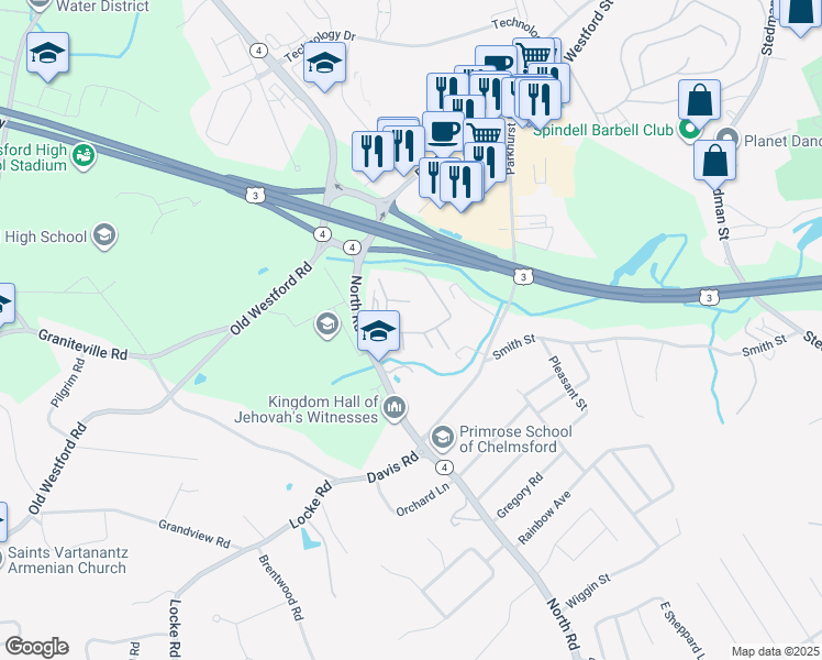 map of restaurants, bars, coffee shops, grocery stores, and more near 255 North Road in Chelmsford