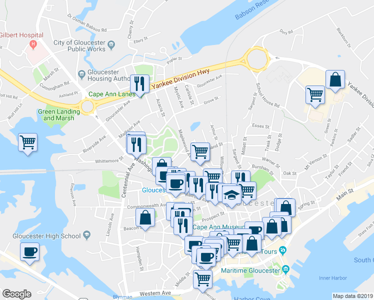 map of restaurants, bars, coffee shops, grocery stores, and more near 73 Maplewood Avenue in Gloucester