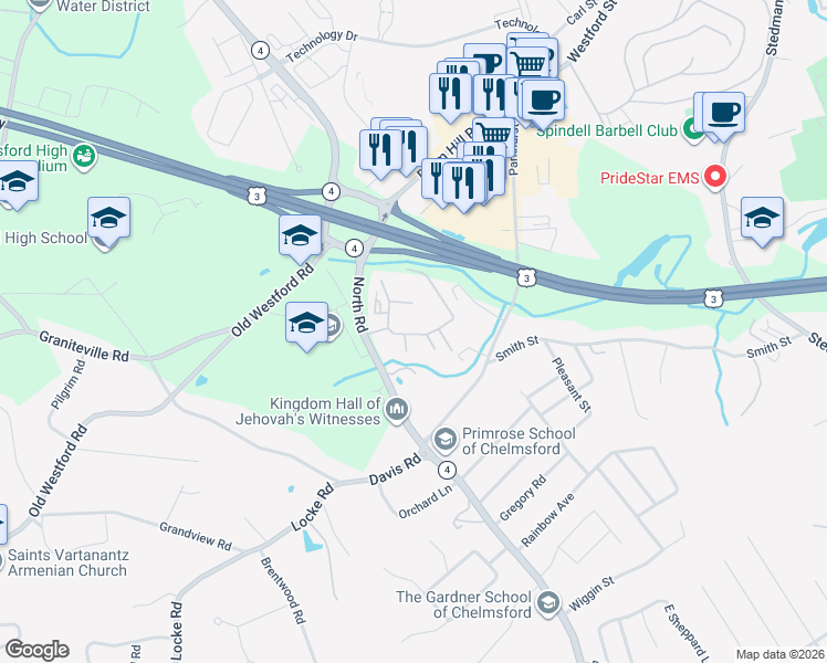 map of restaurants, bars, coffee shops, grocery stores, and more near 255 North Road in Chelmsford