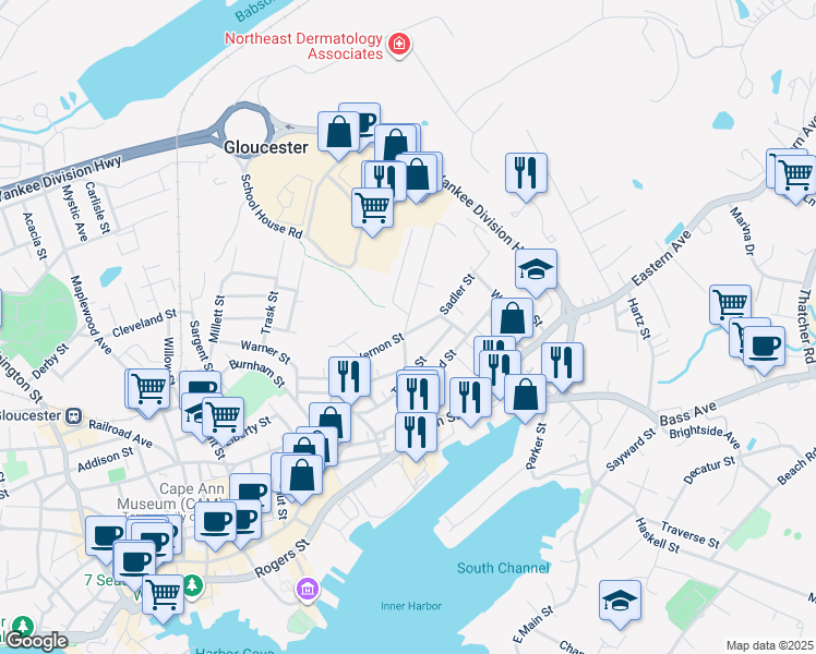 map of restaurants, bars, coffee shops, grocery stores, and more near 62A Mount Vernon Street in Gloucester