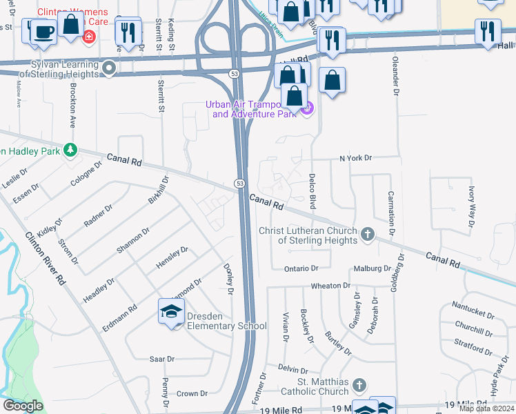 map of restaurants, bars, coffee shops, grocery stores, and more near 43980 Leonardo Drive in Sterling Heights