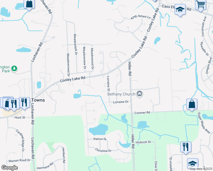 map of restaurants, bars, coffee shops, grocery stores, and more near 1352 Lorraine Drive in Oakland County