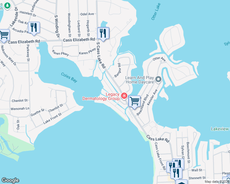 map of restaurants, bars, coffee shops, grocery stores, and more near 1310 Cass Lake Road in Waterford Township