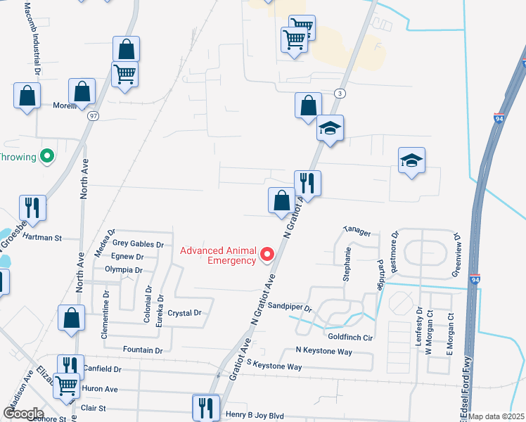 map of restaurants, bars, coffee shops, grocery stores, and more near 23621 Stragier Drive in Charter Township of Clinton