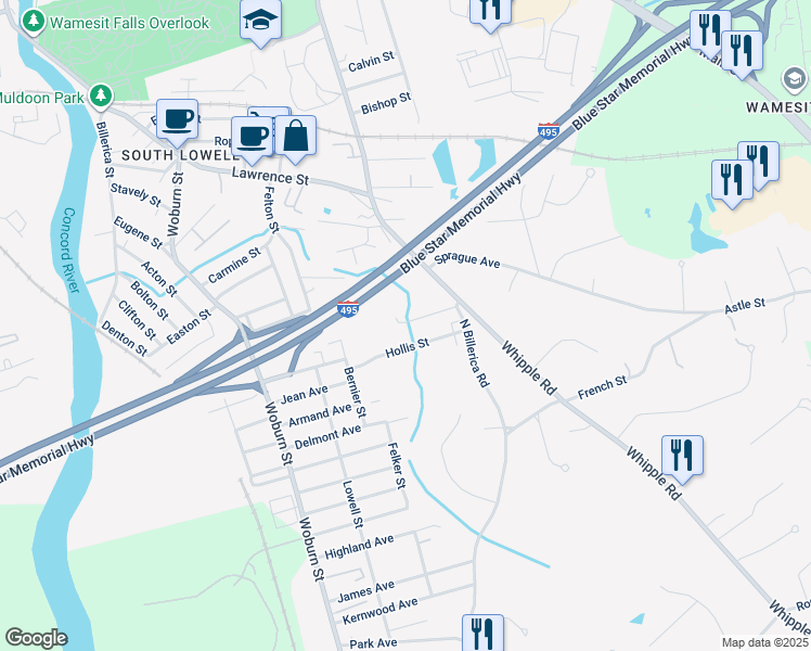 map of restaurants, bars, coffee shops, grocery stores, and more near 1 North Billerica Road in Lowell