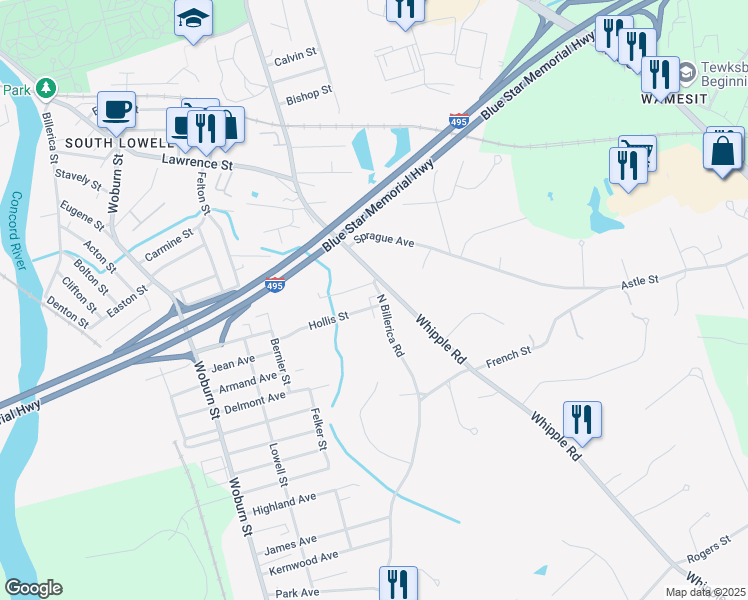 map of restaurants, bars, coffee shops, grocery stores, and more near 39 North Billerica Road in Lowell