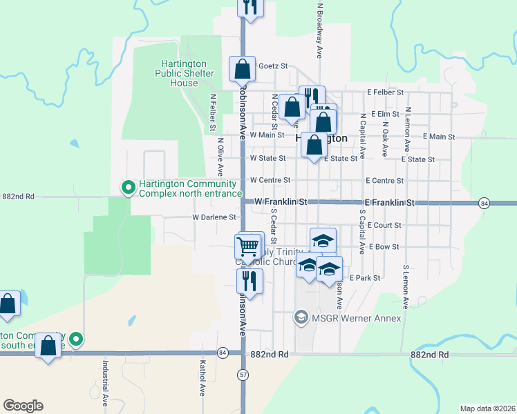 map of restaurants, bars, coffee shops, grocery stores, and more near 373-399 West Franklin Street in Hartington