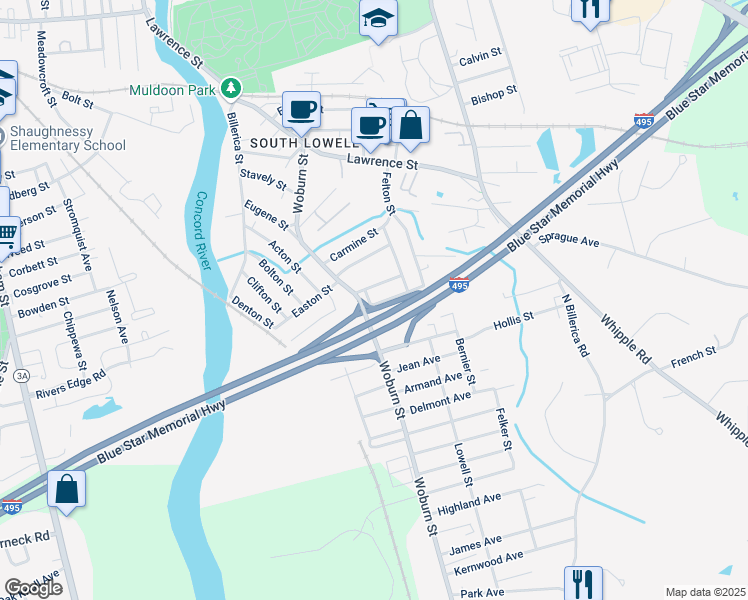 map of restaurants, bars, coffee shops, grocery stores, and more near 12 Circuit Avenue in Lowell