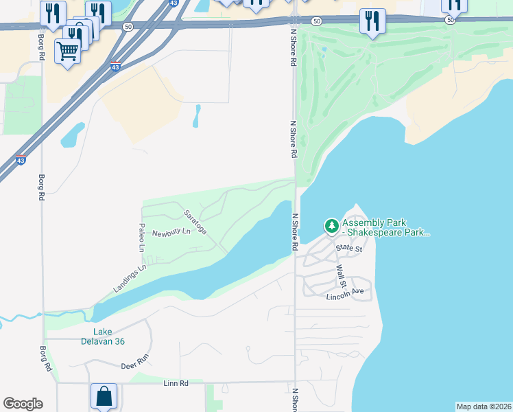 map of restaurants, bars, coffee shops, grocery stores, and more near 1448 Delavan Club Drive in Delavan
